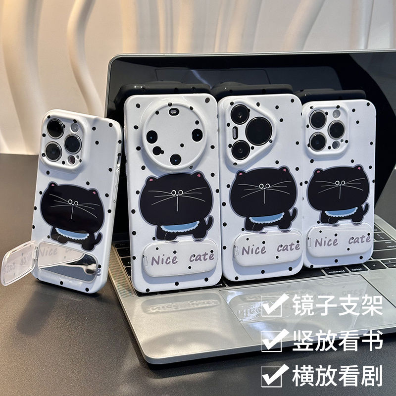 16ProMax手机壳硬15带镜面支架14plus适用苹果11少女心真我gt7pro可爱iPhone13菲林华为NOVA12可爱大脸黑猫a5
