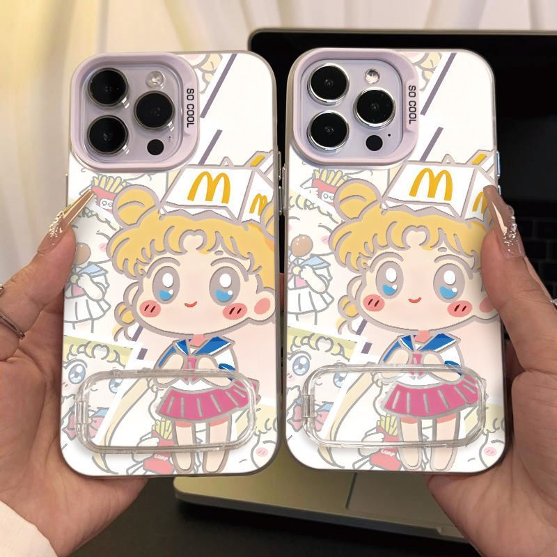 苹果16e适用M记美少女战士14ProMax彩银OPPOA5X带镜子支架iPhone15PLUS高级感13手机壳硬12卡通一加ACE5ULTRA