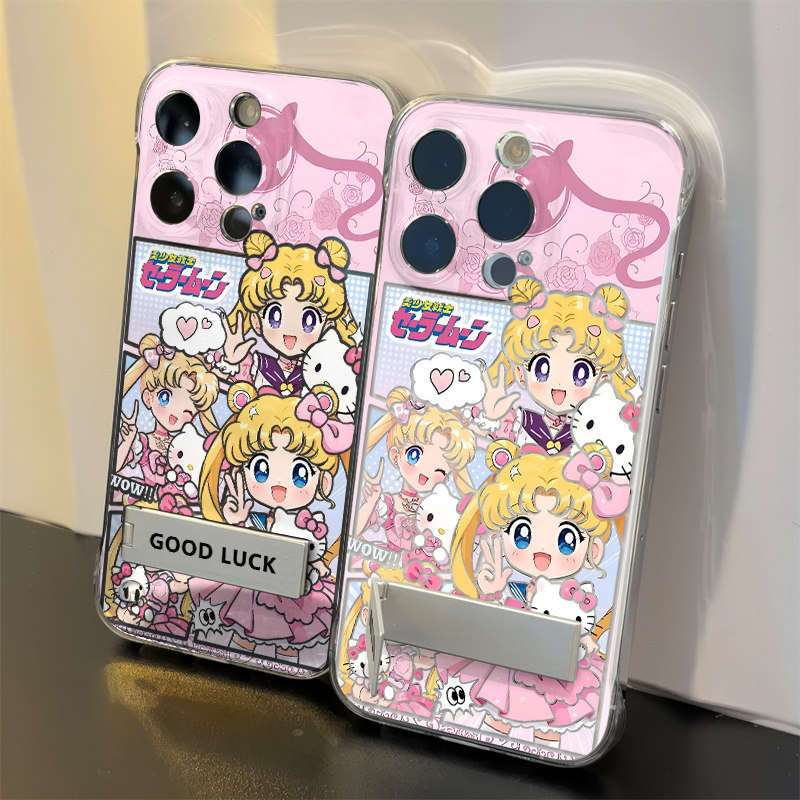 iPhone12超薄13ProMax无边框比耶美少女战士16PLUS适用OPPOReno14苹果17手机壳带支架小米15透明硬OPPOFINDX8