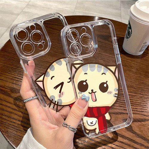 苹果15适用14贴脸cc猫13ProMax情侣iPhone16可爱华为畅享90Plus手机壳红米Note17透明软12卡通IQOOZ11I创意a6