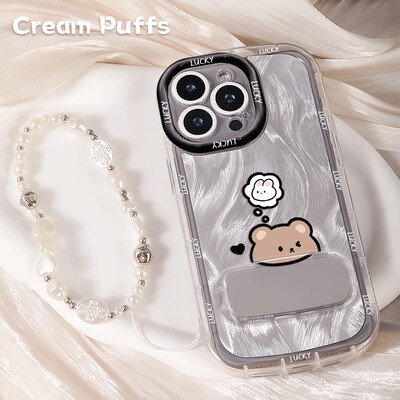 iPhone16手机壳软15ProMax适用13小熊想小兔荣耀POWER2镜子支架苹果14plus带挂绳17情侣红米TURBO5可爱Findx8