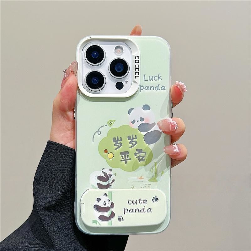 12ProMax适用OPPOReno14高级感苹果16带镜子支架15plus岁岁平安熊猫手机壳硬iPhone13彩银华为Mate70ins风s30