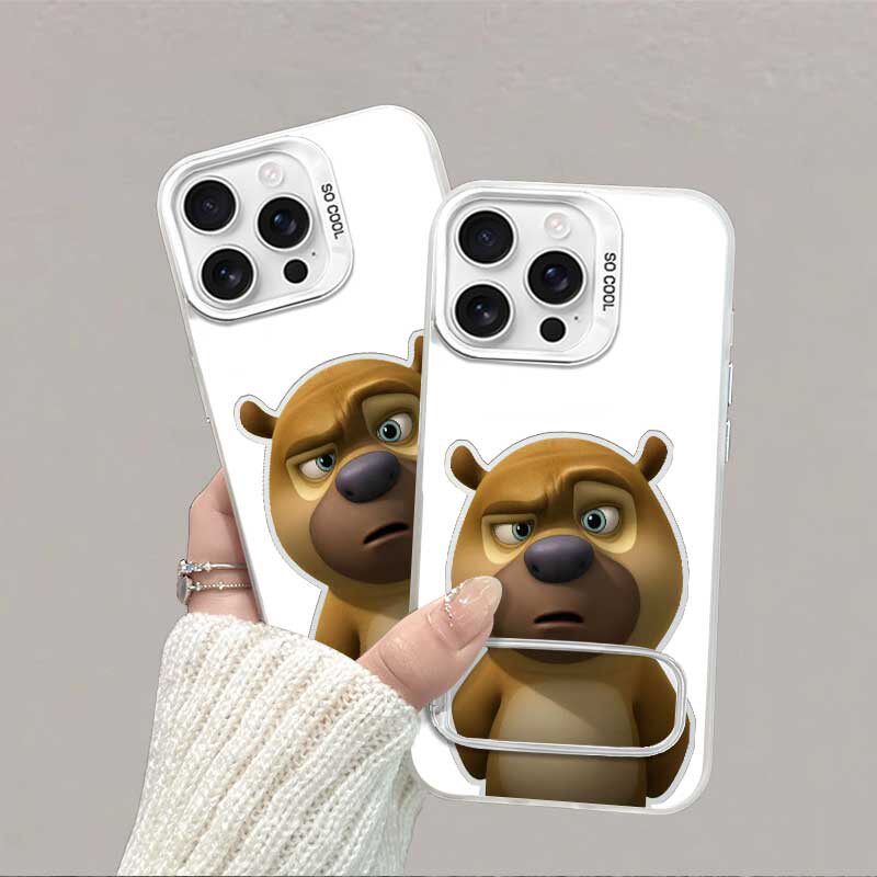 手机壳16ProMax搞怪熊二适用iPhone12卡通彩银带镜子支架14PLUS趣味硬小米15苹果13高级感创意一加ACE5竞速版