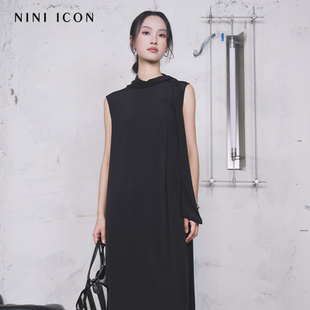 醋酸桑蚕丝无袖 NINI 新款 ICON商场同款 飘带领连衣裙女 2025夏季