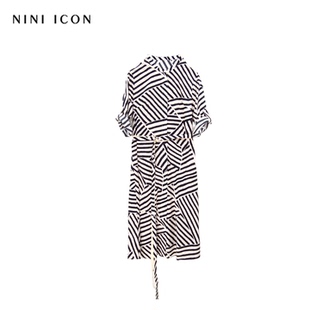 新款 NINI 2025夏季 不規(guī)則條紋設計感真絲短袖 ICON商場同款 連衣裙