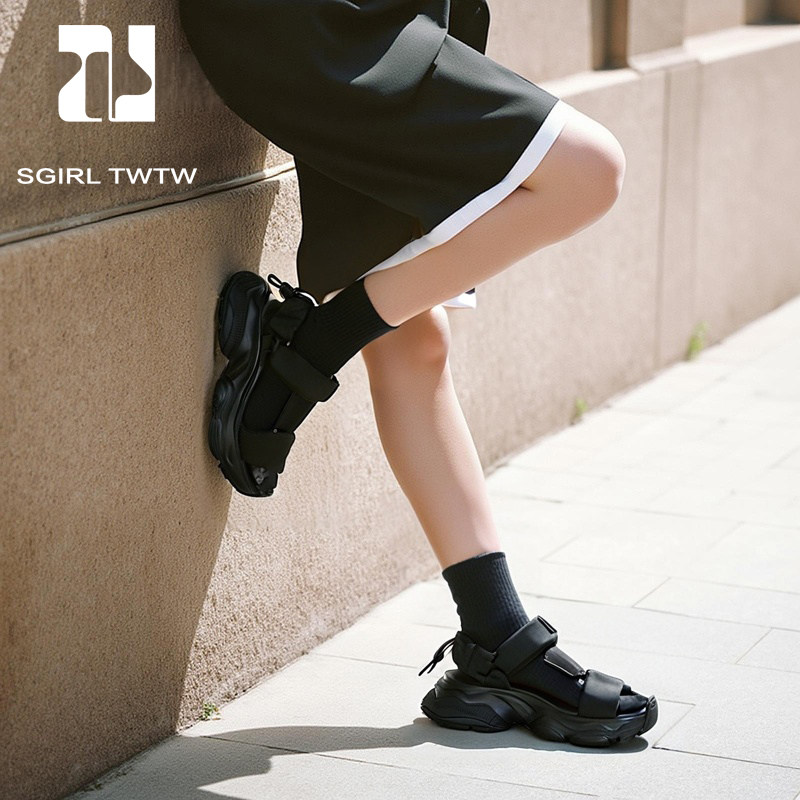 SGIRL TWTW新款松糕厚底休闲老爹沙滩鞋时尚黑色朋克魔术贴凉鞋女