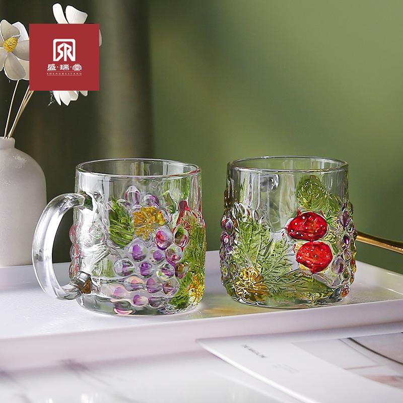 盛瑞堂手工彩绘葡萄玻璃水杯家用带把高颜值牛奶饮料茶杯啤酒杯