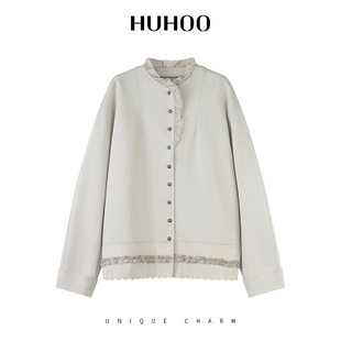 呼呼huhoo 绵羊毛莫代尔棉荷叶边外套复古优雅宽松百搭上衣
