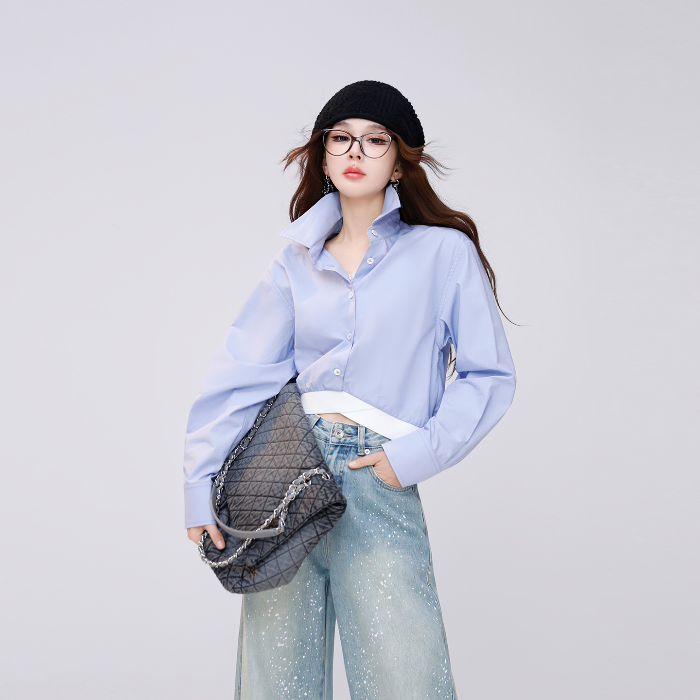 呼呼huhoo 浅蓝解构衬衫100%棉不规则下摆撞色拼接