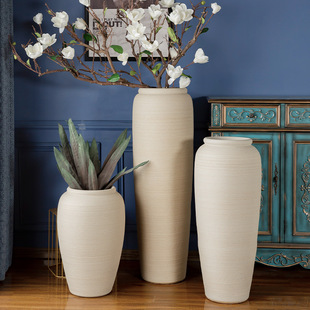 陶瓷花瓶摆件现代简约细高哑螺纹落地陶罐插干花样板房新款