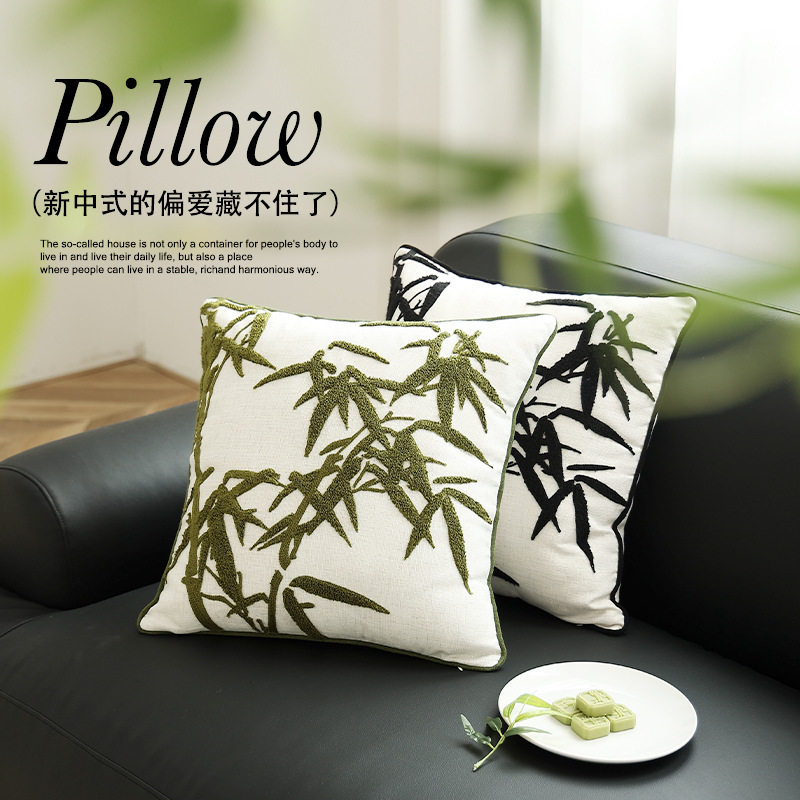 新中式刺绣抱枕套墨竹家用客厅沙发腰靠布艺新中式会议室靠垫套