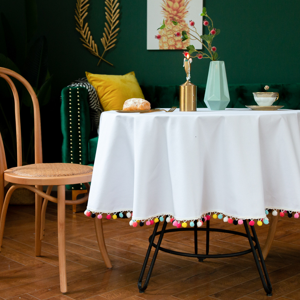 桌椅北欧式ins圣诞节圆桌布白色流苏布艺台布纯色餐桌桌旗