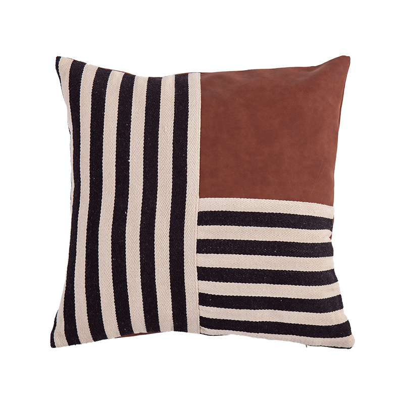条纹PU抱枕套棉涤拼接多色现代简约风格可选卧室床头靠垫沙发抱枕