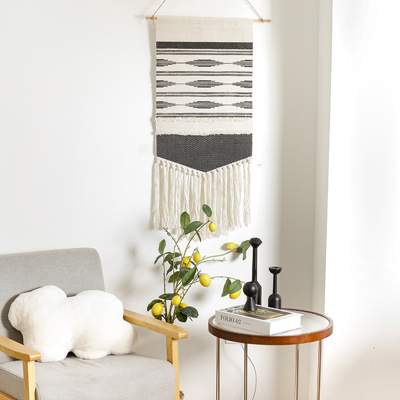 细条纹丝网印花亚马逊欧美墙壁装饰ins壁挂编织簇绒流苏挂毯
