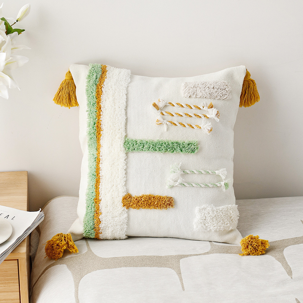 简约风流苏簇绒抱枕套沙发方形靠枕腰枕印花花边靠垫套腰靠垫