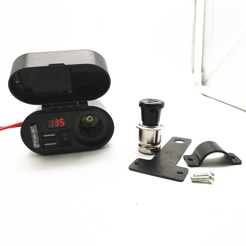 摩托车防水可点烟车载充电器双USB接口开关带电压含支架12V-24V
