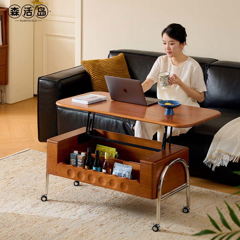 森活岛茶几客厅家用小户型实木升降可移动中古风小推车双层边几柜