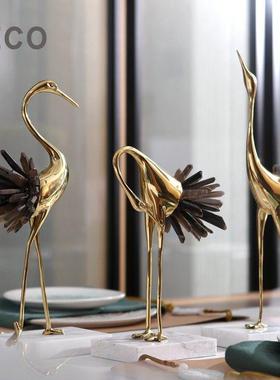 简欧轻奢仙鹤金属水晶摆件铜大理石法新中式高档玄关蓝白黑色软装