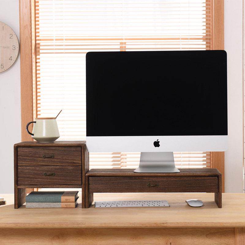 实木桌面收纳盒办公室护颈台式电脑萤幕增高架屏幕底座抽置物架