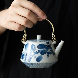 纯手绘柿子茶壶家用功夫茶具带过滤球孔陶瓷冲茶器铜制提梁壶单壶