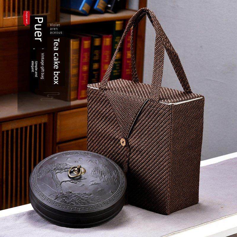 紫泥茶罐储物罐大密封罐白茶普洱茶饼包装储物布袋礼盒