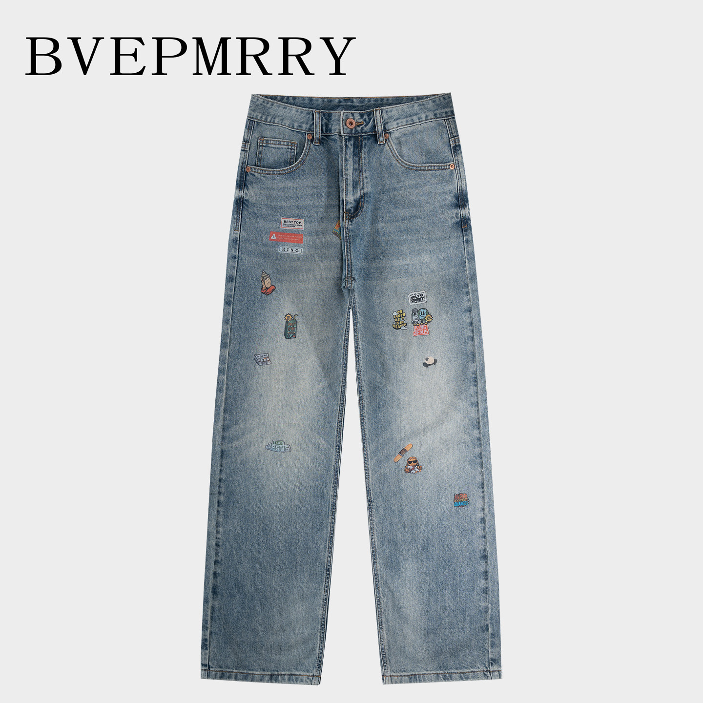 BVEPMRRY美式刺绣直筒牛仔裤