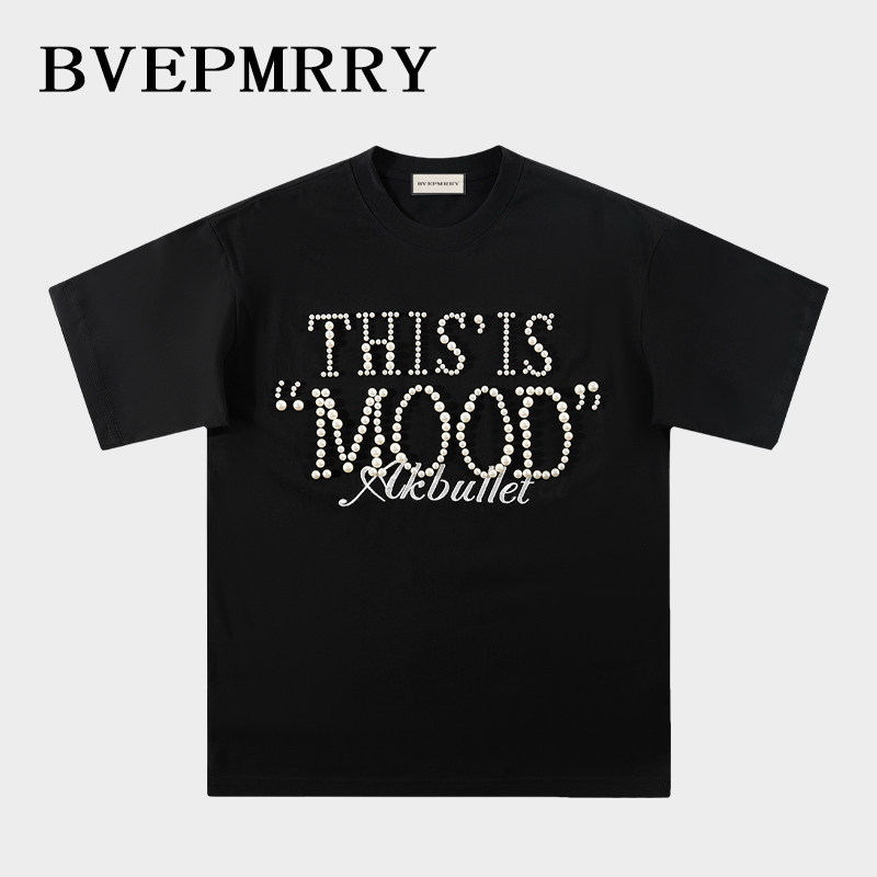 BVEPMRRY高定系列美式珍珠钉珠短袖T恤重磅纯棉宽松版型男女款