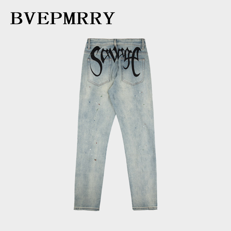 BVEPMRRY2025春季上新字母印花彩漆复古修身弹力直筒男款牛仔裤