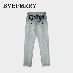 BVEPMRRY2025春季上新字母印花彩漆复古修身弹力直筒男款牛仔裤