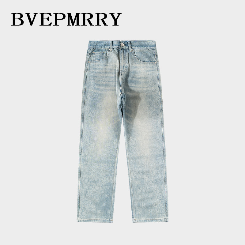 BVEPMRRY高端潮流牛仔裤男款时尚复古轻奢直筒满印小众新款长裤