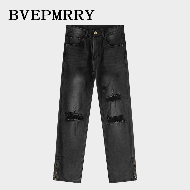 BVEPMRRY做旧破洞直筒牛仔裤