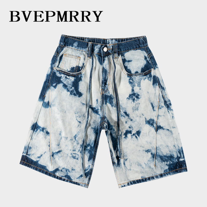 BVEPMRRY美式潮流扎染牛仔短裤男款高街痞帅宽松五分裤男士中裤