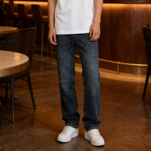 BVEPMRRY复古轻奢满天星烫钻牛仔裤男士潮牌美式高街休闲百搭长裤