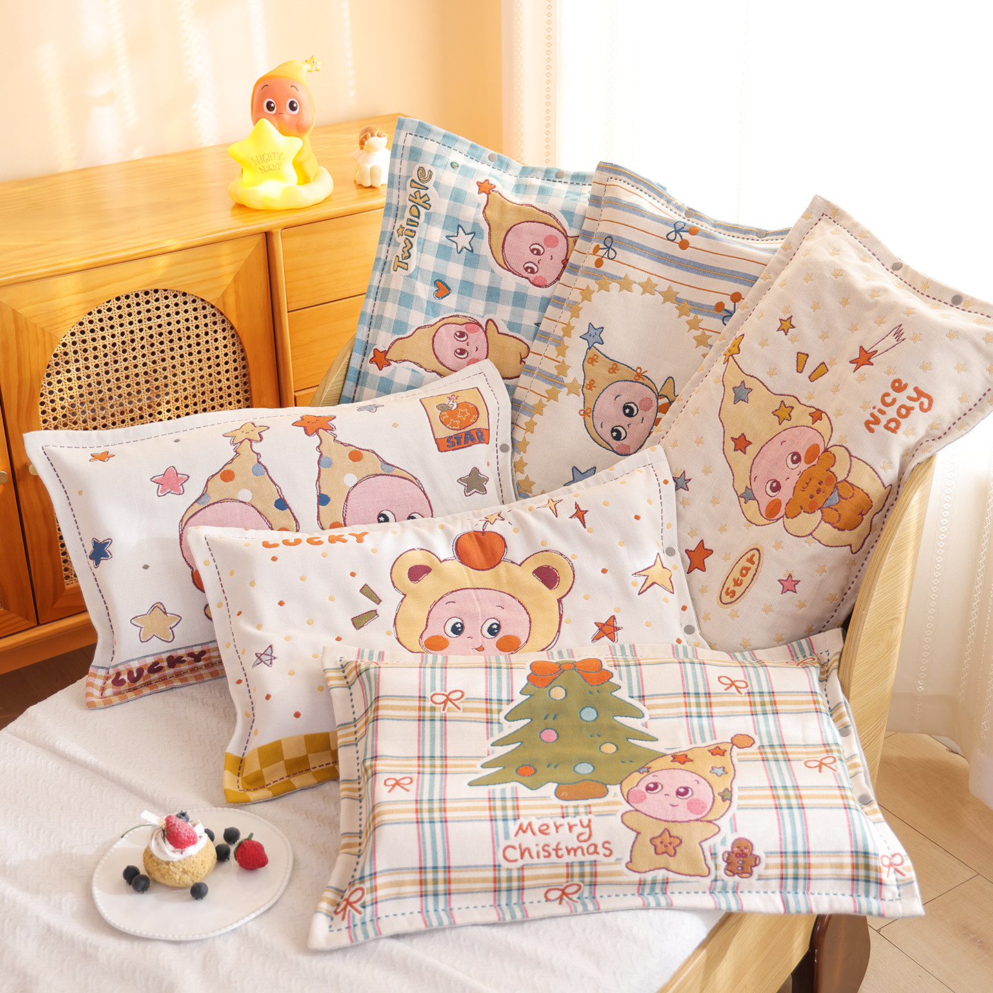 A类按扣式纯棉纱布儿童枕套卡通全棉宝宝枕头套幼儿园枕芯内胆套