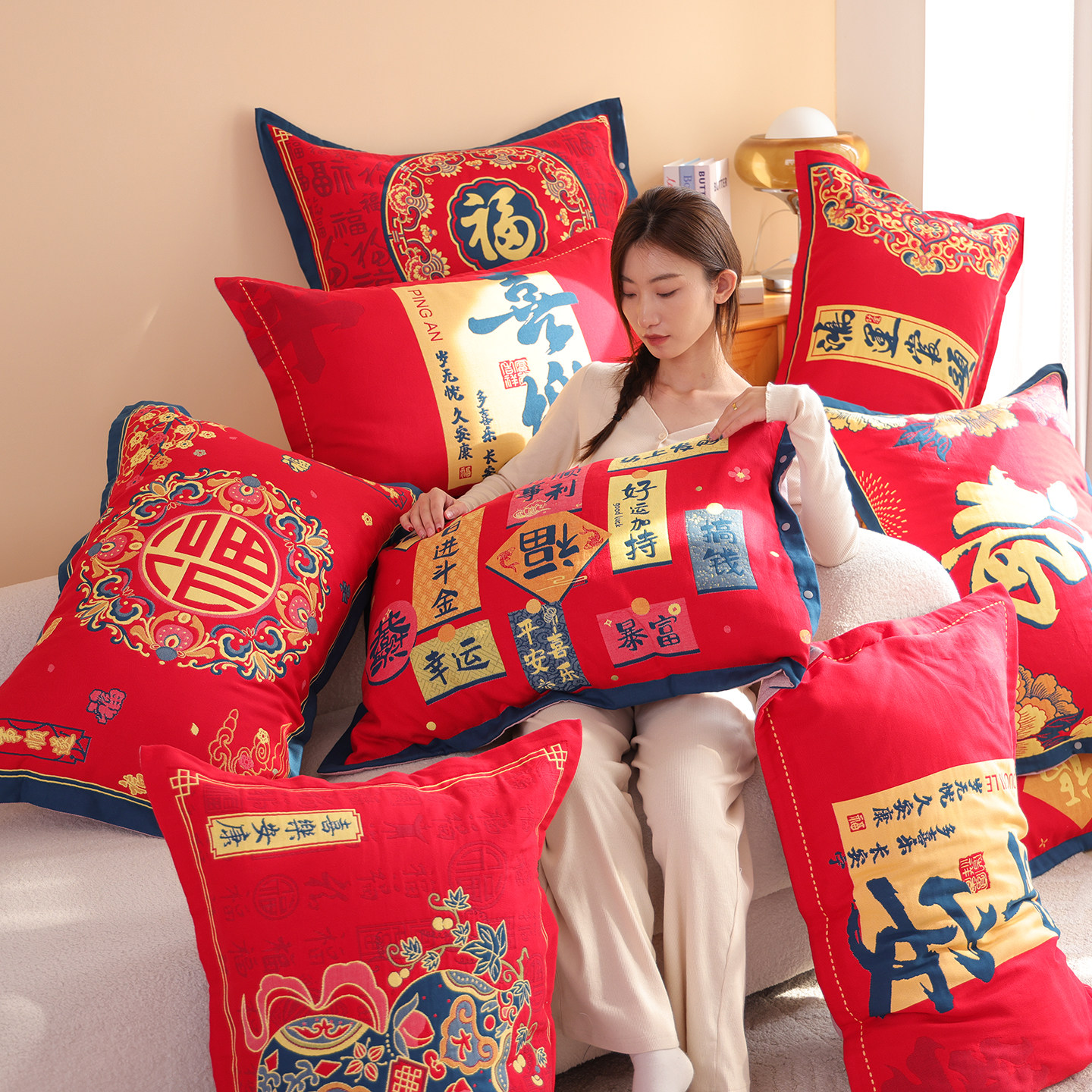 纯棉纱布按扣枕套一对装本命年新年款48*74cm结婚红色全棉枕头套,床上用品,枕套,淘宝优惠券,粉丝福利购,淘宝优惠卷