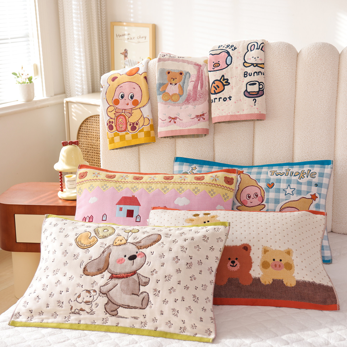 卡通全棉纱布儿童枕巾纯棉可爱宝宝家用枕头盖巾柔软四季款枕头巾