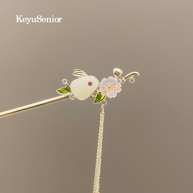 玉兔发簪女古风汉l服头饰步摇流苏玉簪珍珠儿童可爱旗袍新中式簪