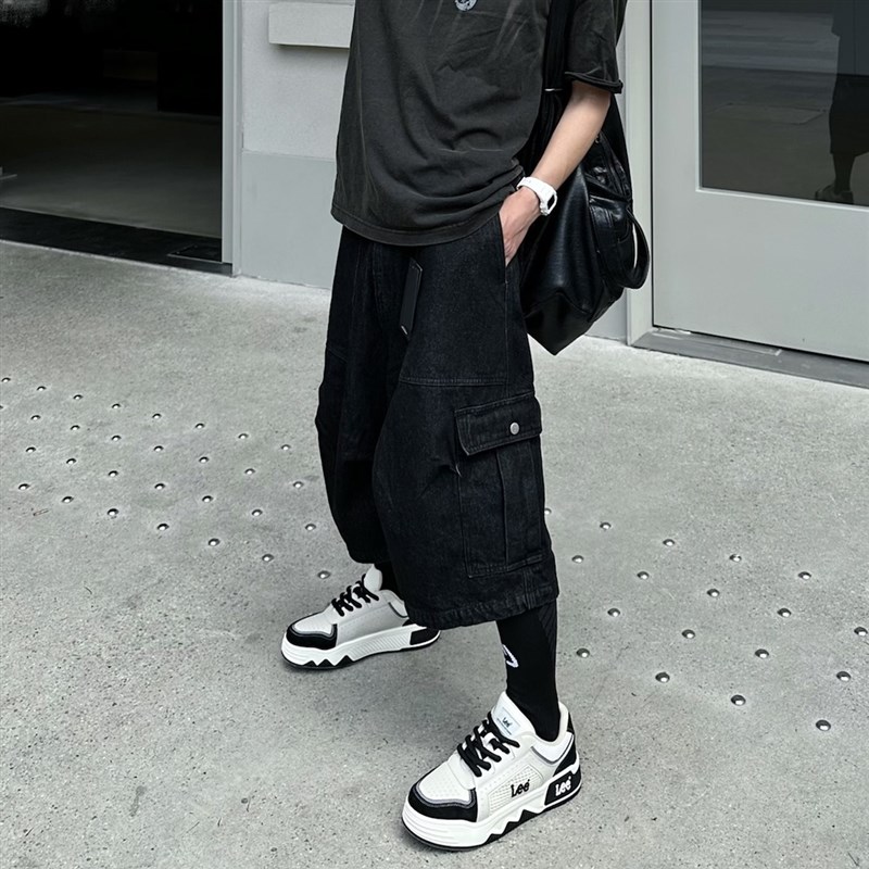 Start美式高街复古水洗大口袋阔E腿七分牛仔裤男夏季百搭宽松短裤