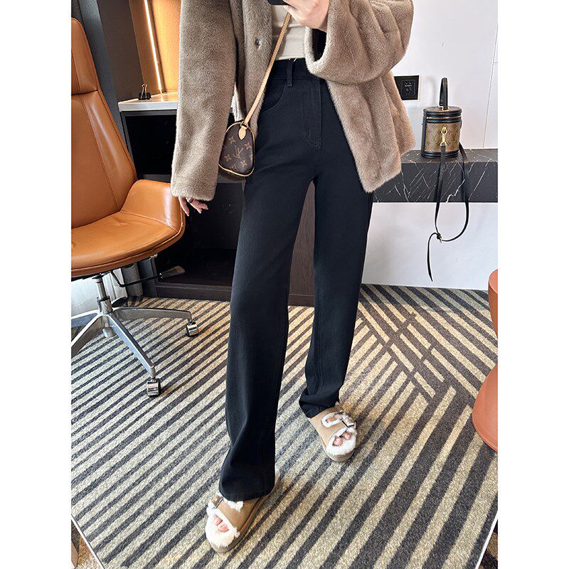 妈生大长腿! h黑色高腰加绒阔腿裤子秋冬窄版弹力显瘦直筒牛仔裤