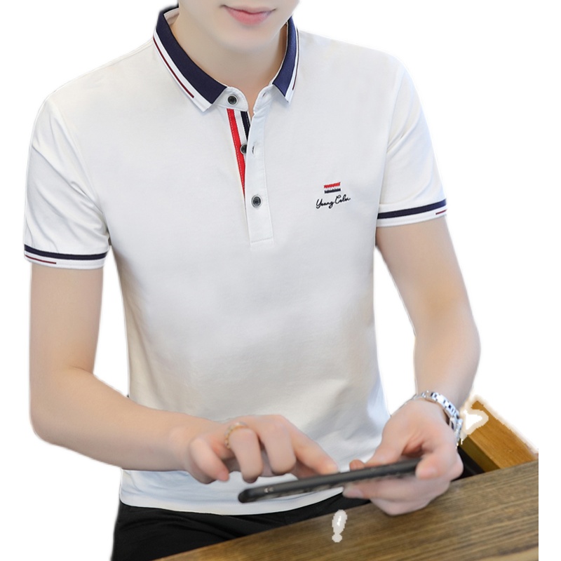 夏季男士翻领短袖T恤纽扣有领半袖E男装薄款休闲体恤Polo男衫