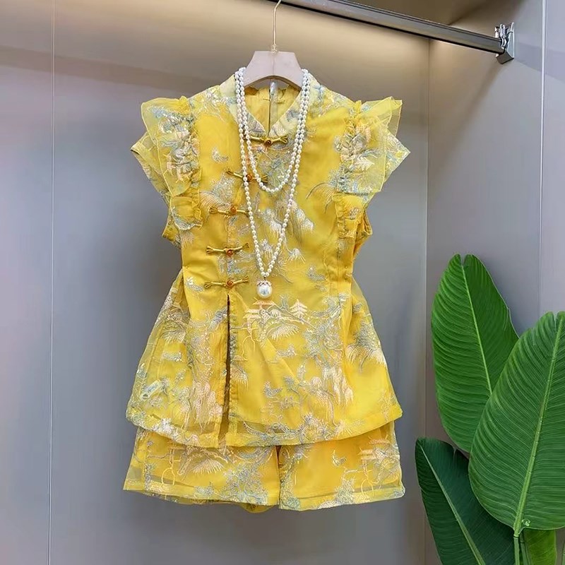 新中式国风旗袍套装夏季新款大码女装胖mm盘扣上衣时尚.短裤两件