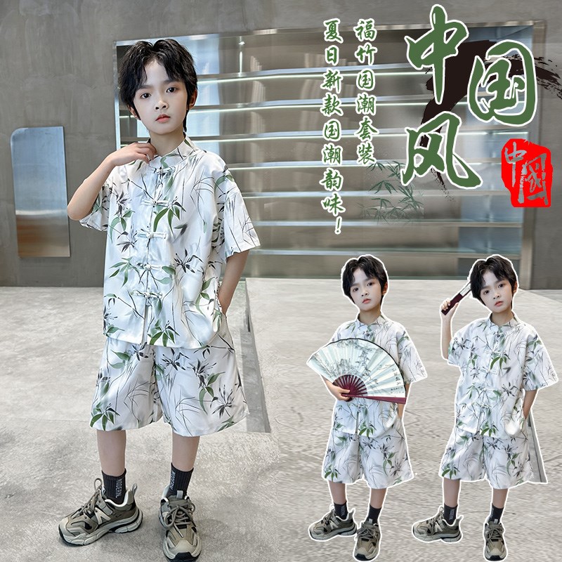 男童唐装2024新款儿童夏季短袖短裤套装新中式Q汉服盘扣礼服国潮