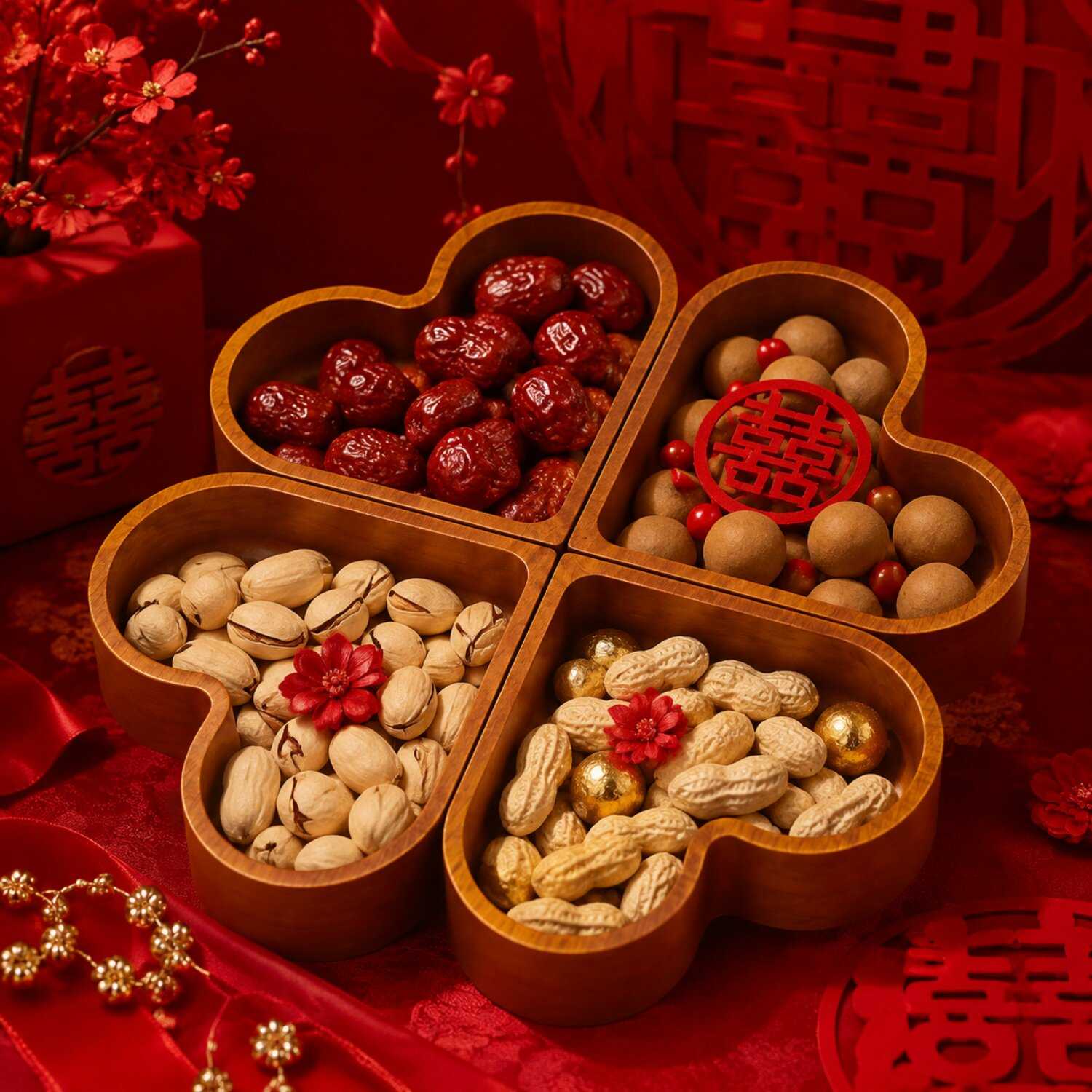 结婚干果盘早生贵子压床摆盘实木