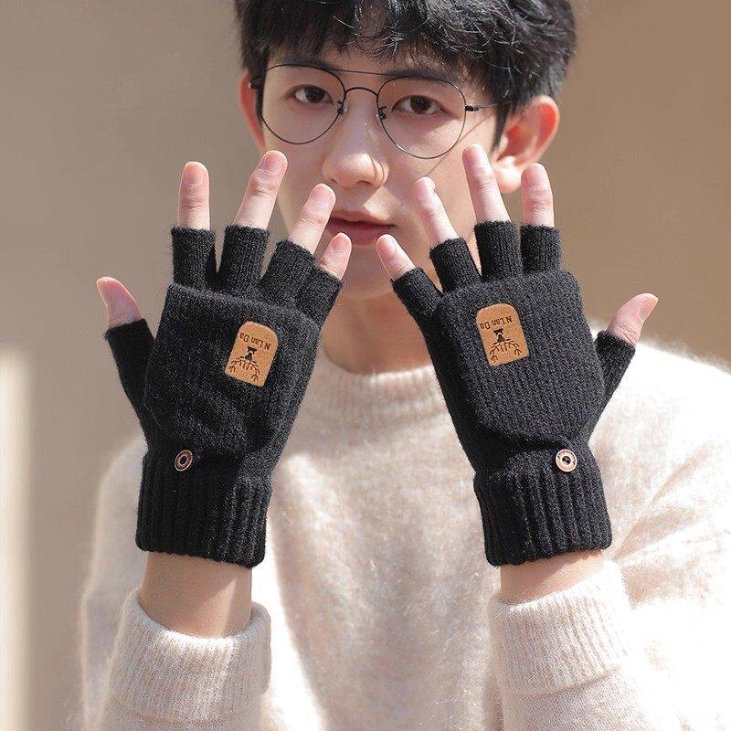手套男冬天半指情侣学生写字露指韩版秋冬季针织毛线翻盖骑行保暖