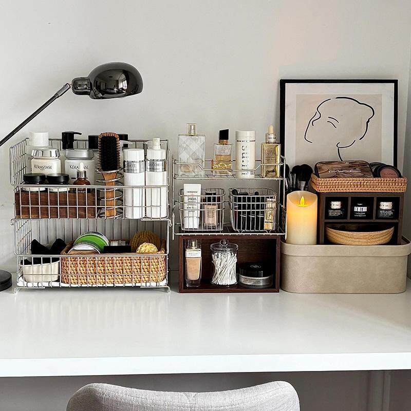 极简风不锈钢化妆品收纳架桌面ins铁艺篮置物架护肤品面膜整理架