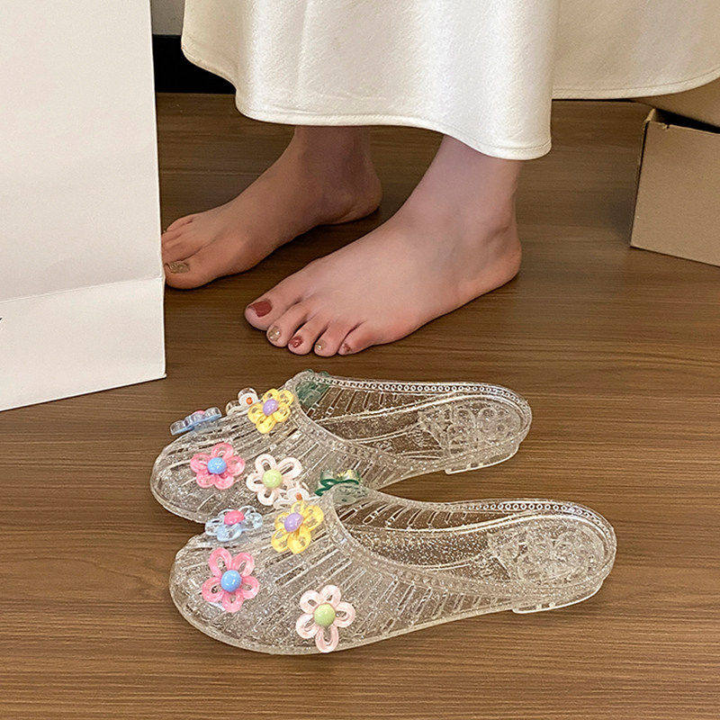 水晶鞋凉鞋女平底透明半拖外穿鞋花果冻鞋软底凉拖鞋包头外穿女鞋