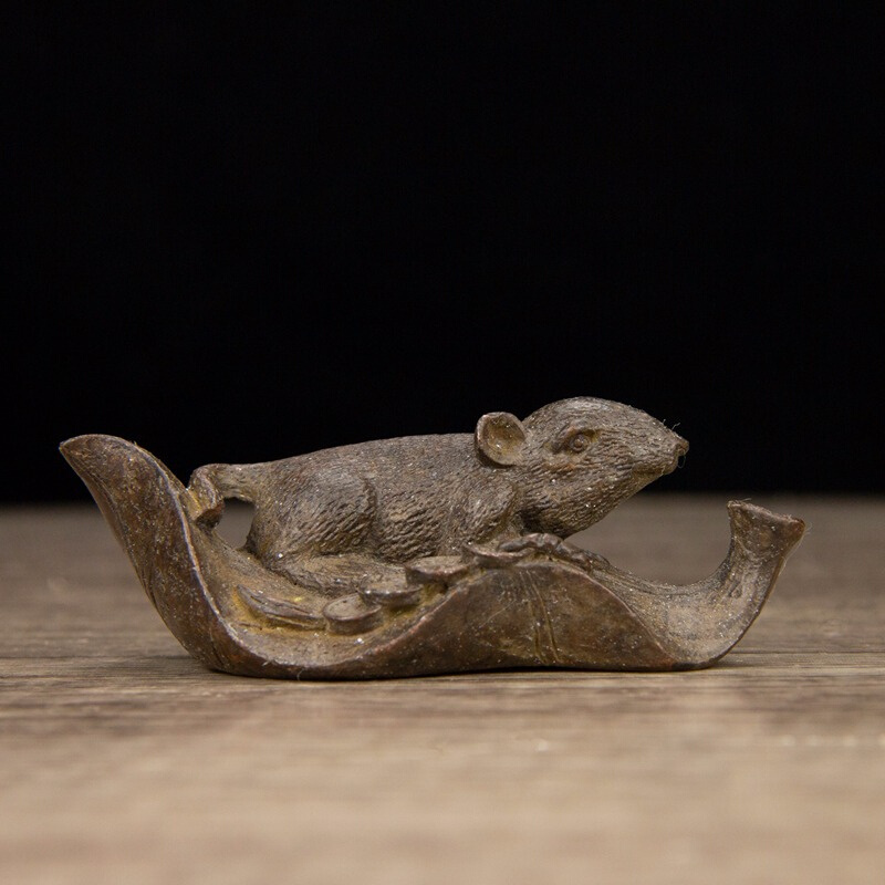 仿古实心茶宠香插摆件生肖金钱鼠摆件夜夜数钱家居装饰老鼠小摆件