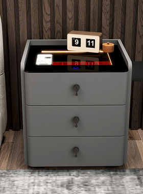 意式极简床头柜保险箱一体2024新款轻奢高级感带灯免安装简约边柜