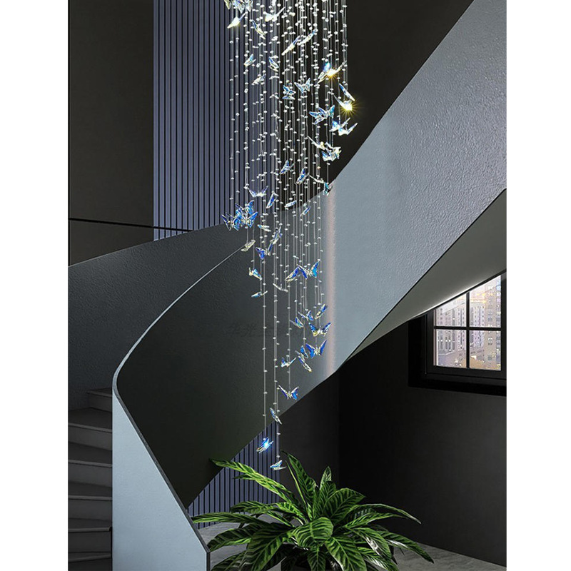 北欧轻奢K9水晶蝴蝶吊灯别墅复式楼餐厅吧台客厅挑空旋转楼梯吊灯