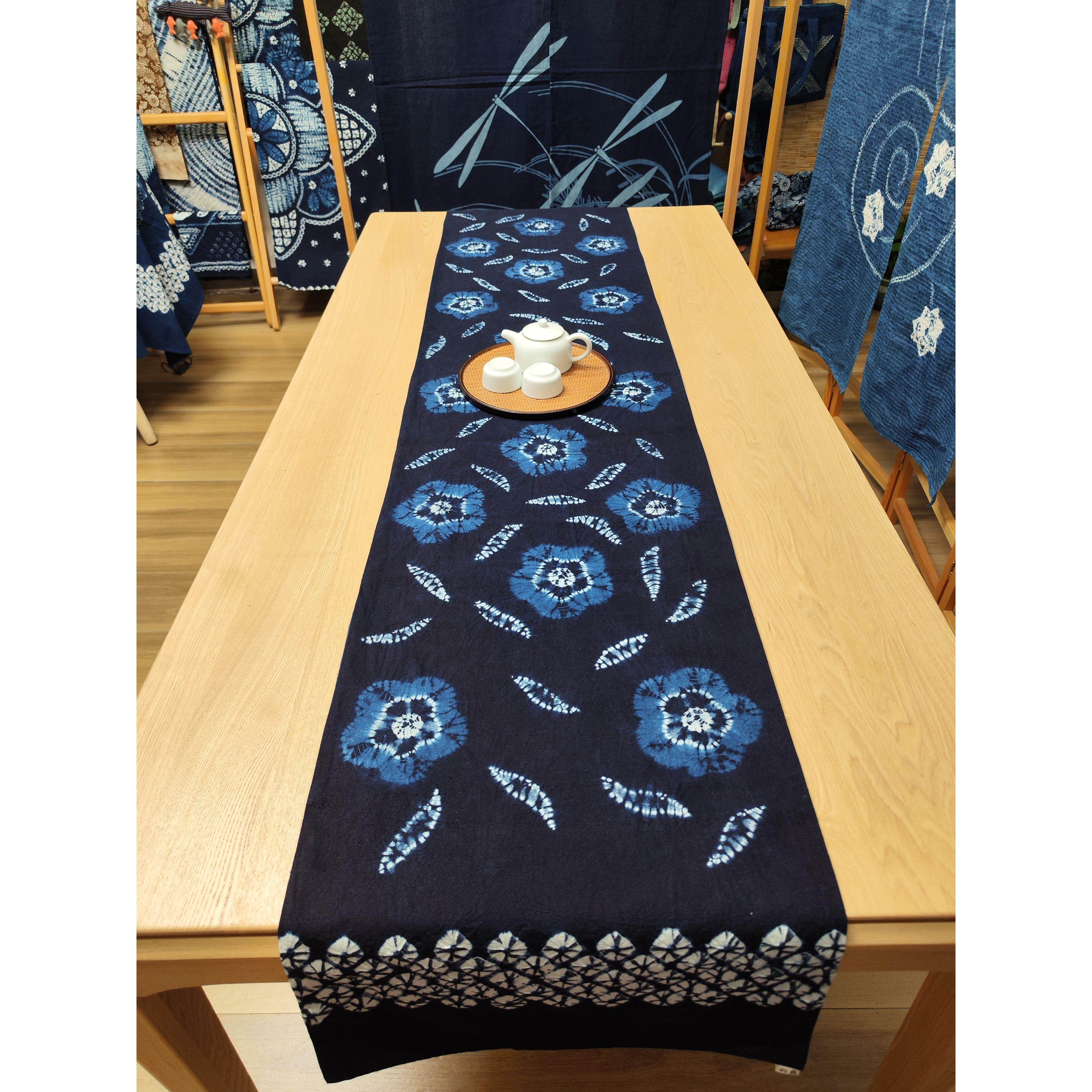 天然草木染手工扎染餐桌桌旗流苏茶旗餐旗长条简约装饰45cm*200cm